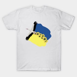 A Stork carries a Ukrainian flag and sunflowers on its wings T-Shirt